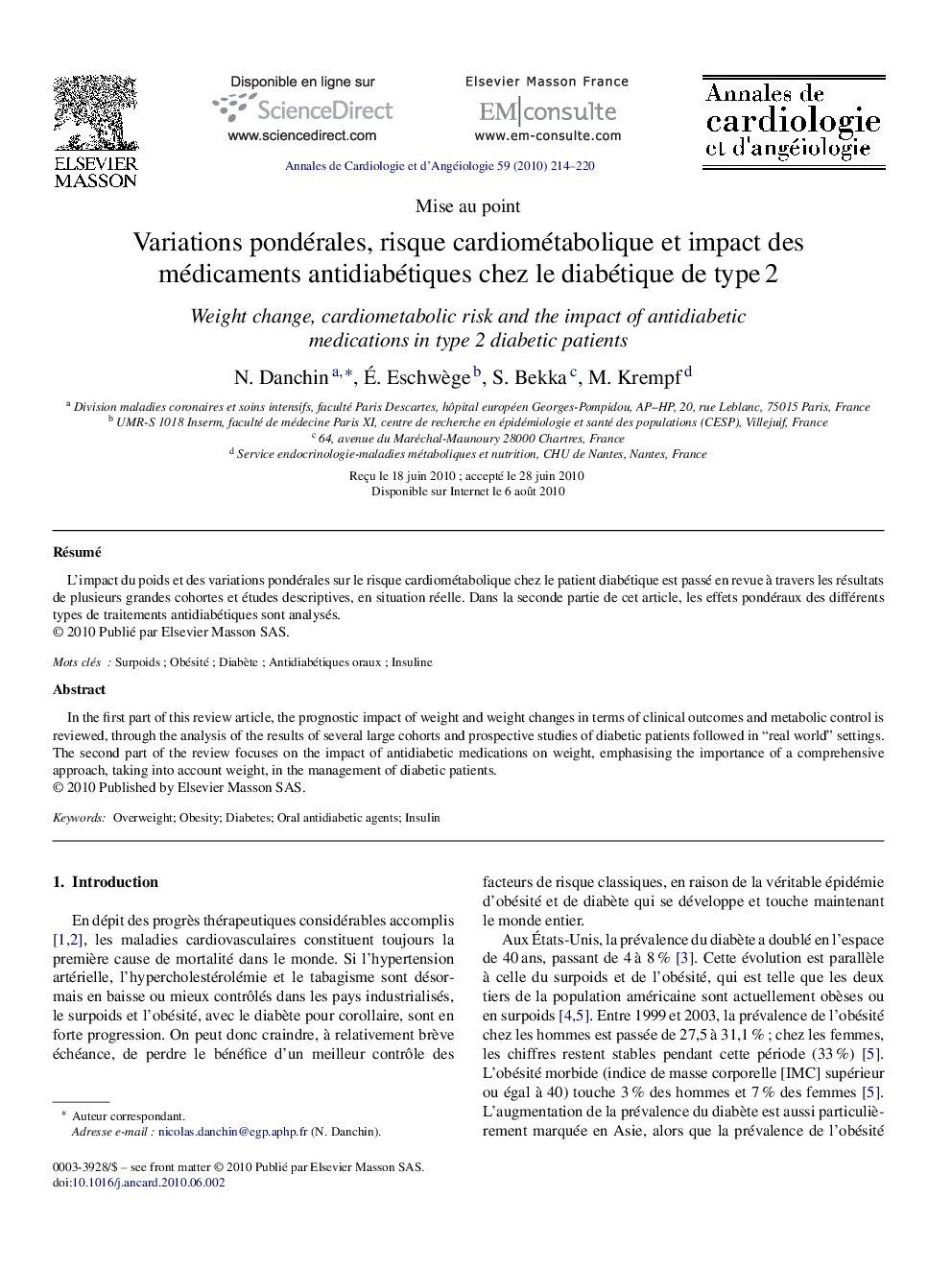 Variations pondérales, risque cardiométabolique et impact des médicaments antidiabétiques chez le diabétique de typeÂ 2