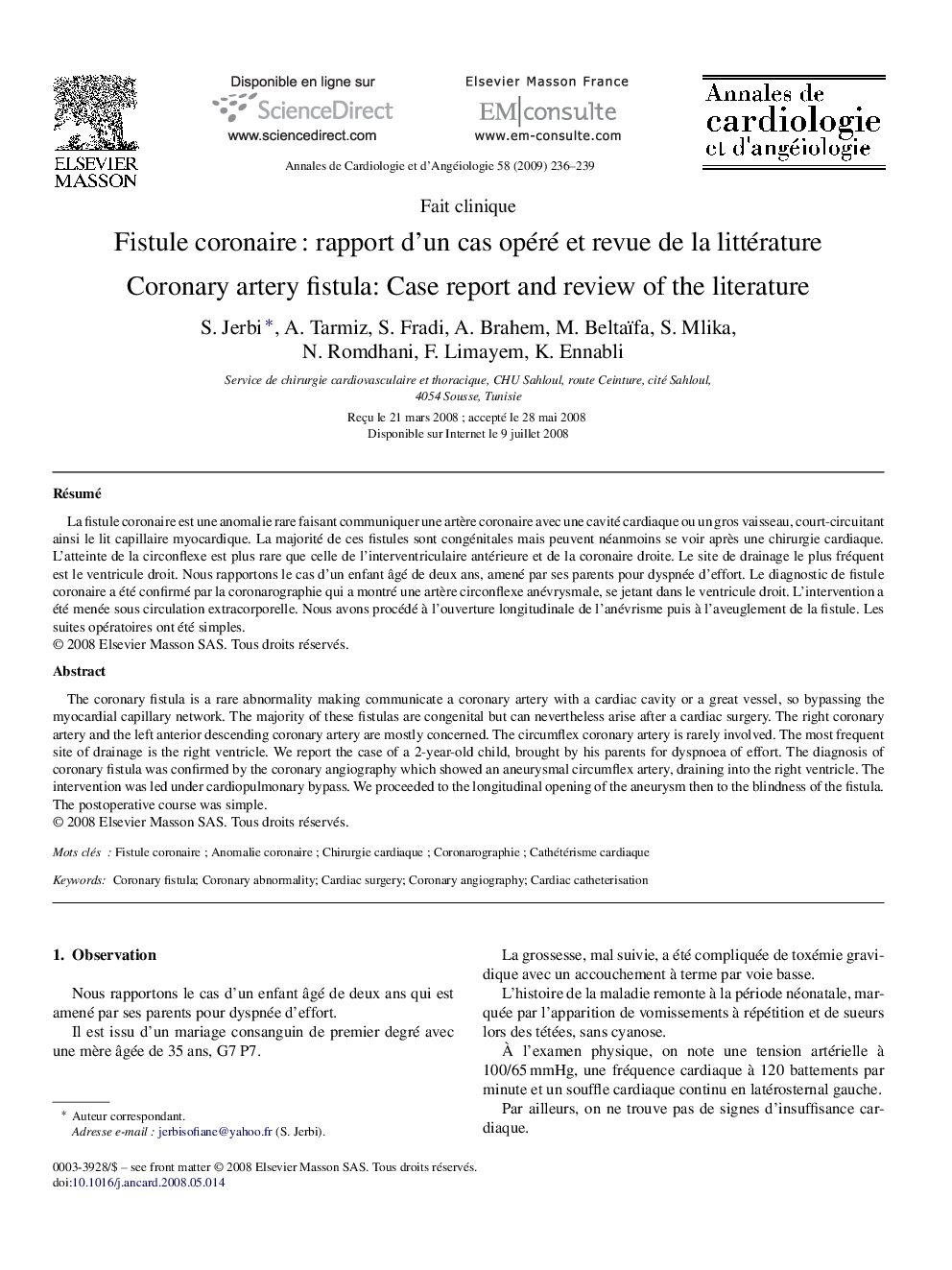 Fistule coronaire : rapport d’un cas opéré et revue de la littérature