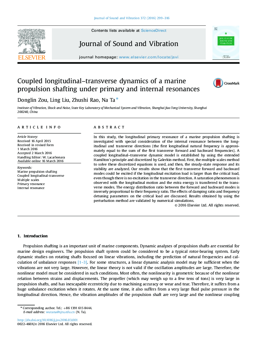 Coupled longitudinal–transverse dynamics of a marine propulsion shafting under primary and internal resonances