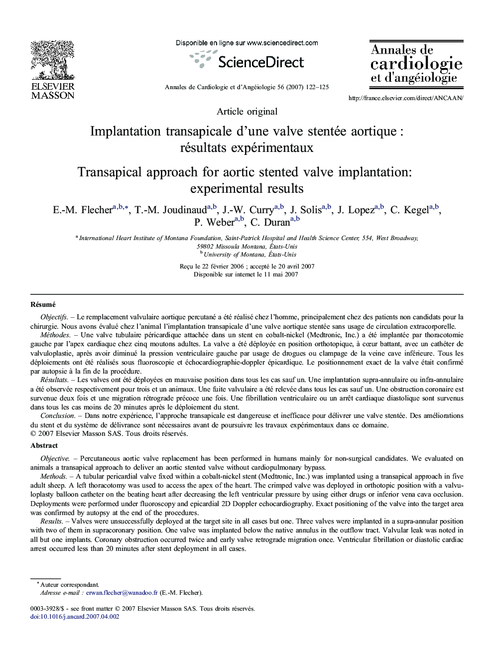 Implantation transapicale d'une valve stentée aortiqueÂ : résultats expérimentaux