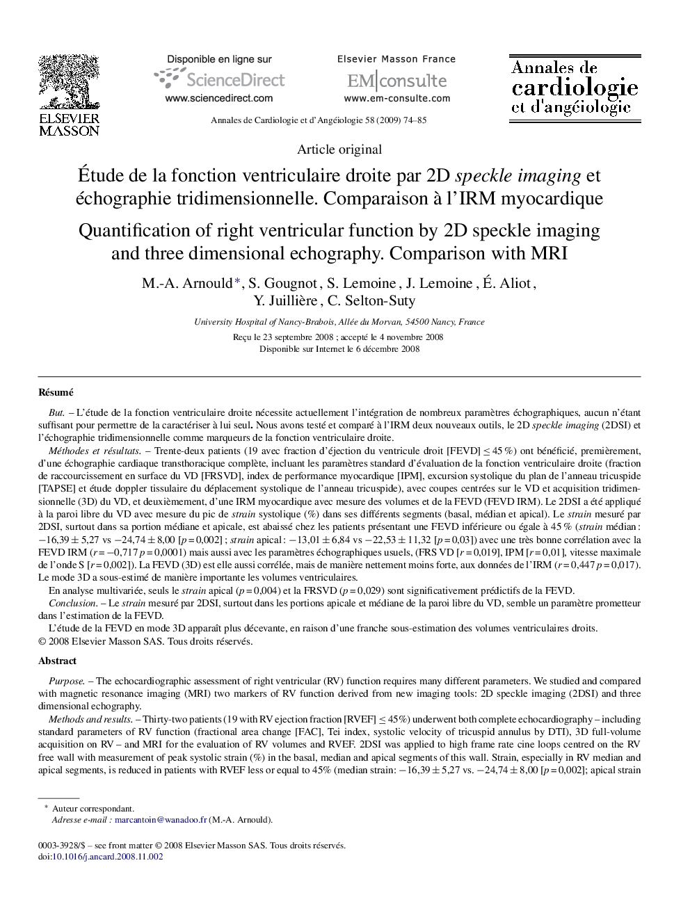 Étude de la fonction ventriculaire droite par 2D speckle imaging et échographie tridimensionnelle. Comparaison à l’IRM myocardique