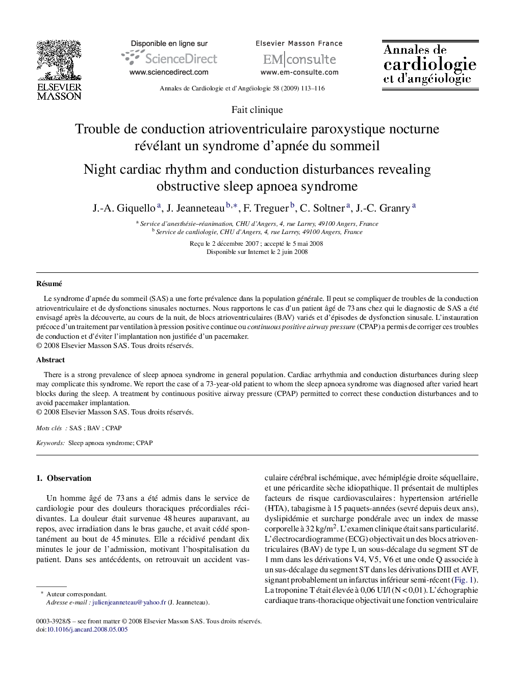 Trouble de conduction atrioventriculaire paroxystique nocturne révélant un syndrome d’apnée du sommeil