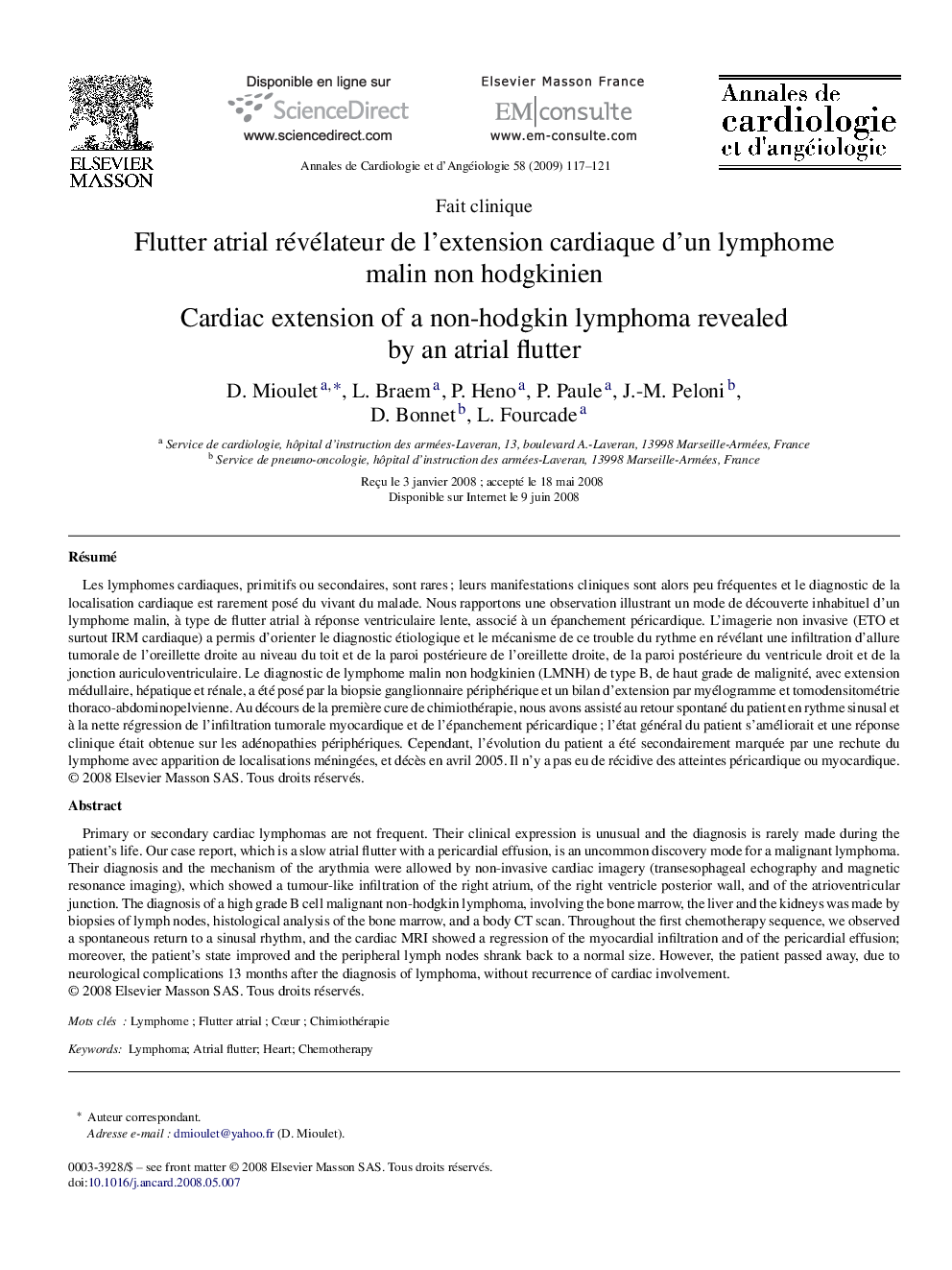 Flutter atrial révélateur de l’extension cardiaque d’un lymphome malin non hodgkinien