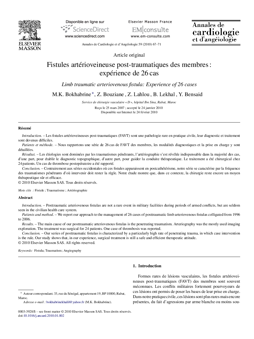 Fistules artérioveineuse post-traumatiques des membres : expérience de 26 cas