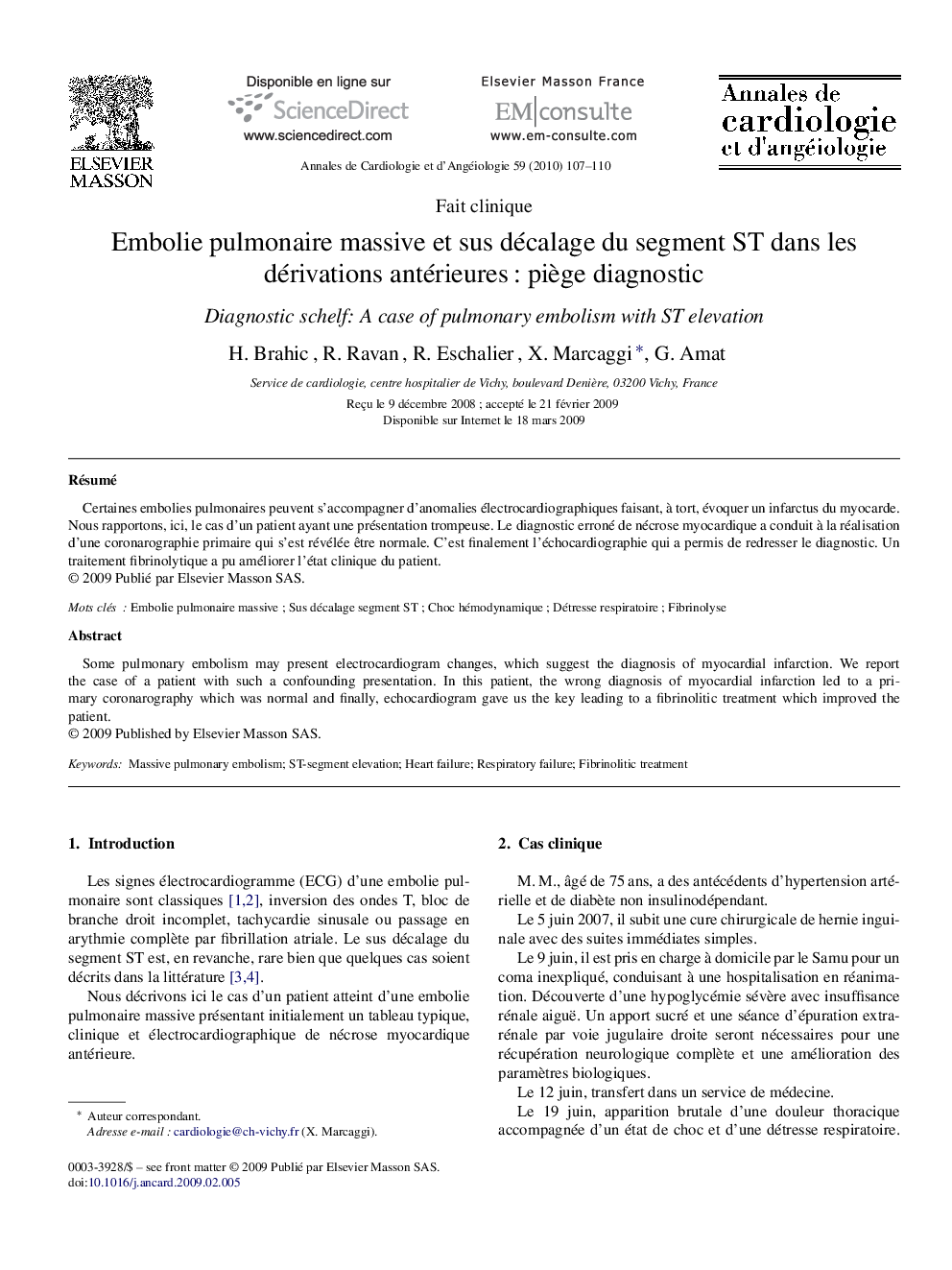 Embolie pulmonaire massive et sus décalage du segment ST dans les dérivations antérieures : piège diagnostic