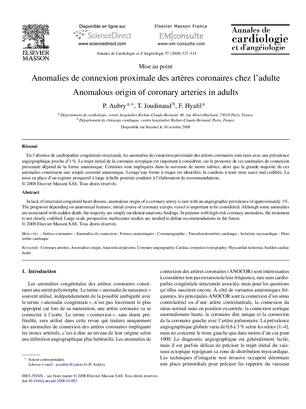 Anomalies de connexion proximale des artères coronaires chez l’adulte