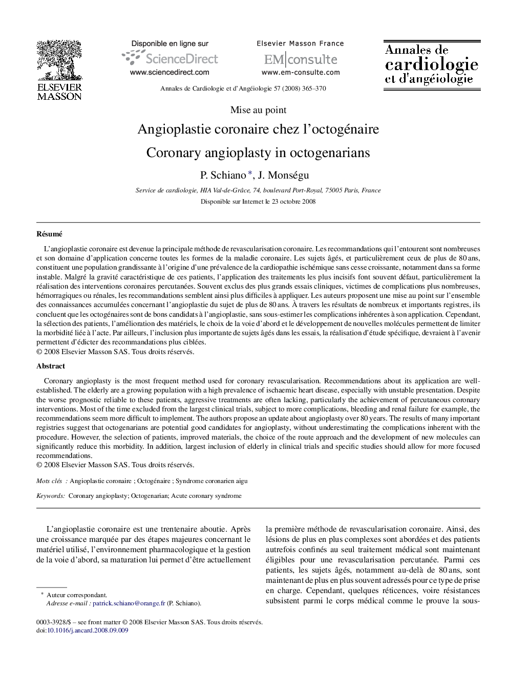 Angioplastie coronaire chez l'octogénaire