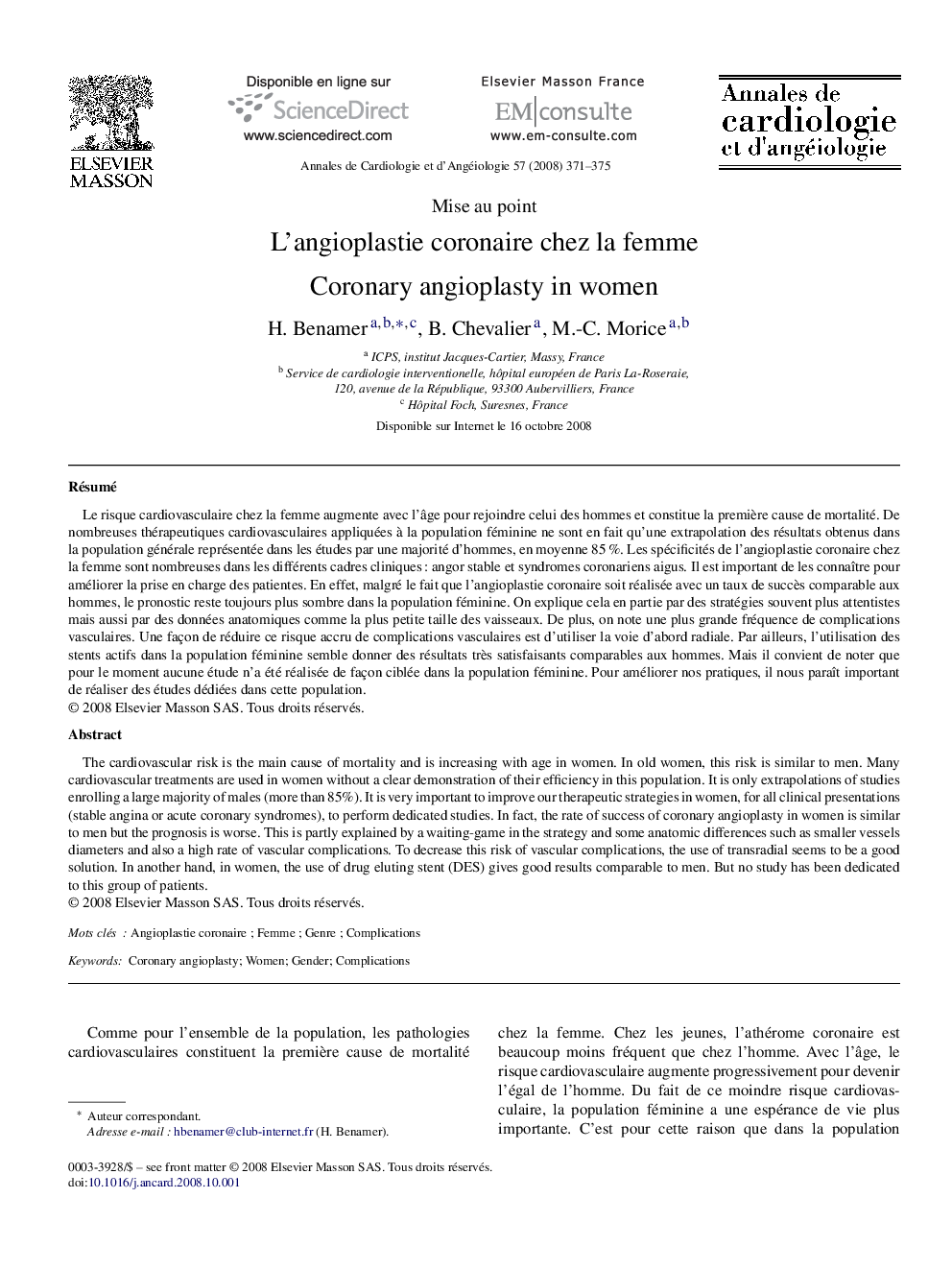 L’angioplastie coronaire chez la femme