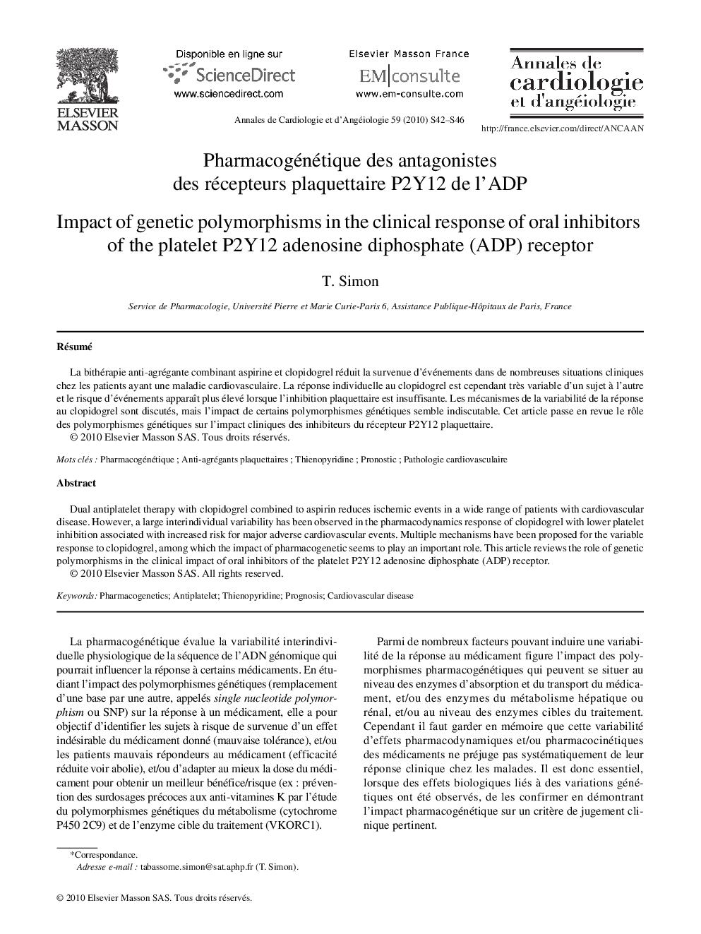 Pharmacogénétique des antagonistes des récepteurs plaquettaire P2Y12 de l’ADP