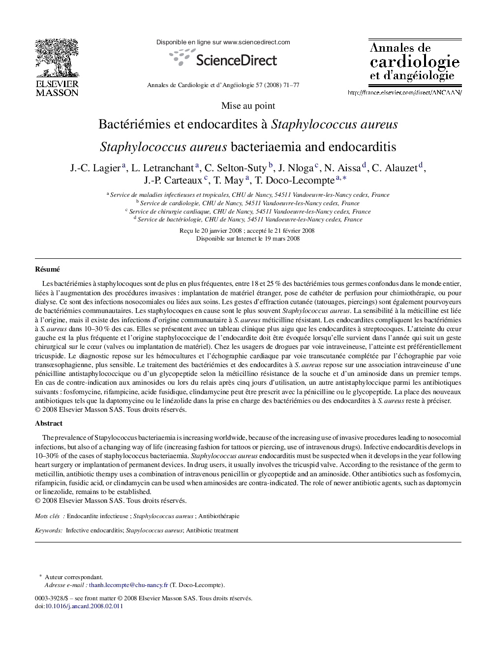 Bactériémies et endocardites àStaphylococcus aureus