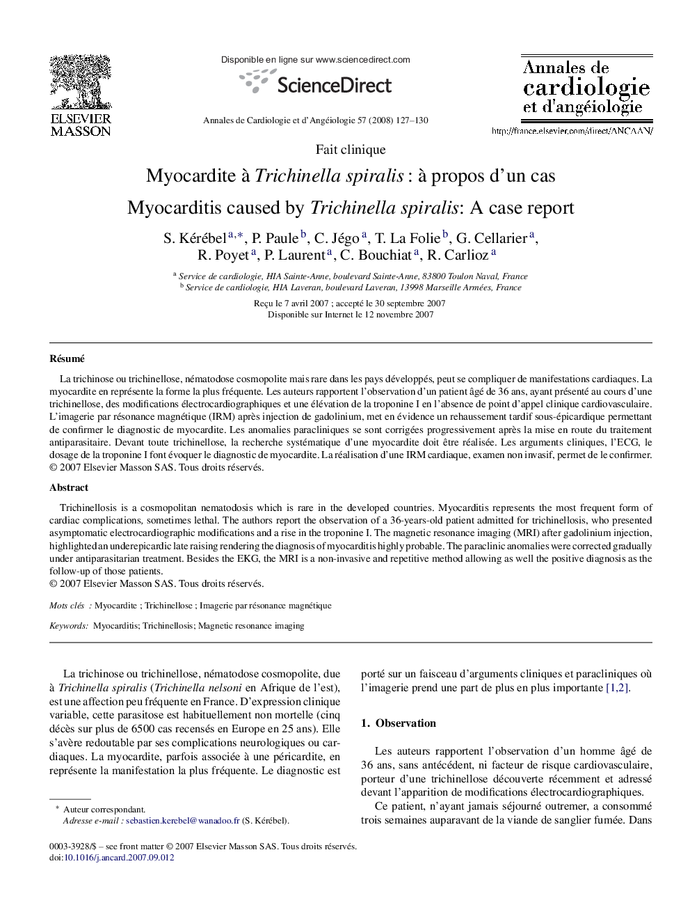 Myocardite àTrichinella spiralis : à propos d’un cas