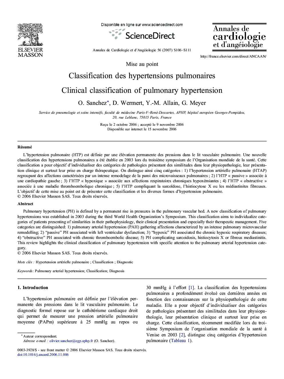 Classification des hypertensions pulmonaires