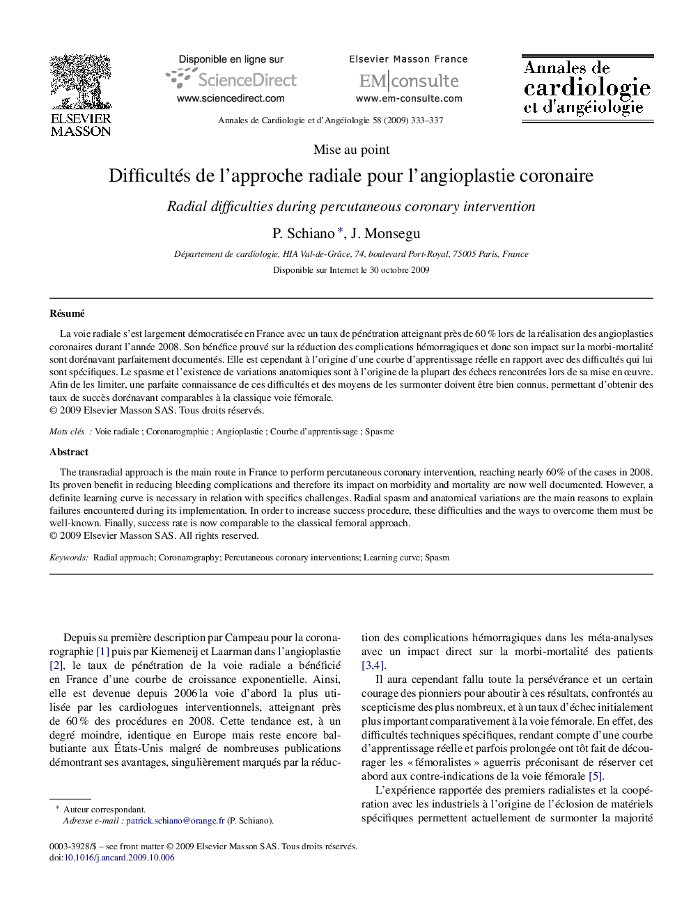 Difficultés de l’approche radiale pour l’angioplastie coronaire