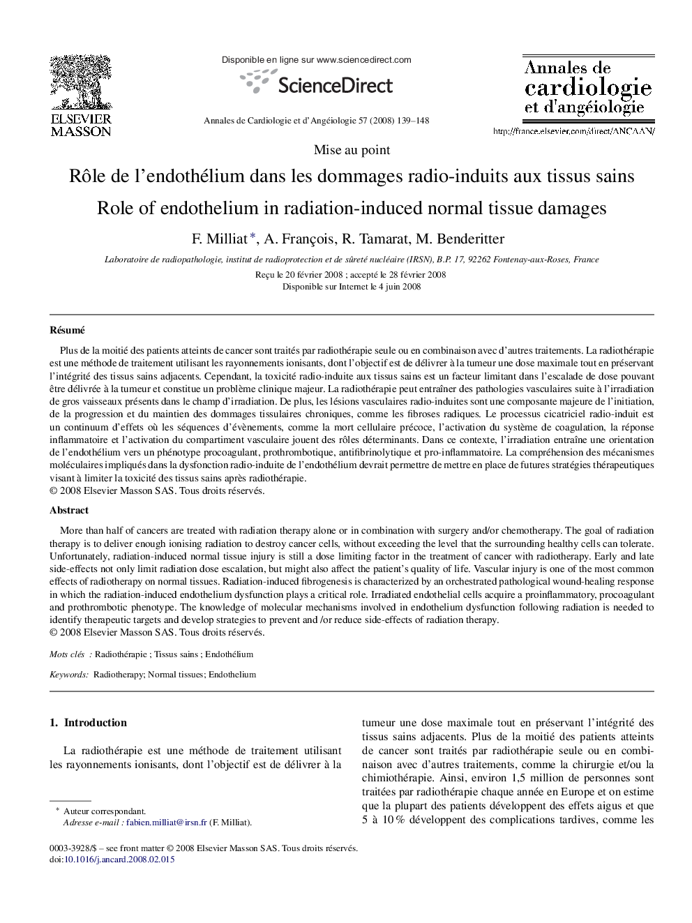 Rôle de l’endothélium dans les dommages radio-induits aux tissus sains