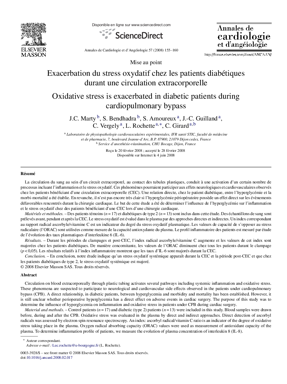 Exacerbation du stress oxydatif chez les patients diabétiques durant une circulation extracorporelle