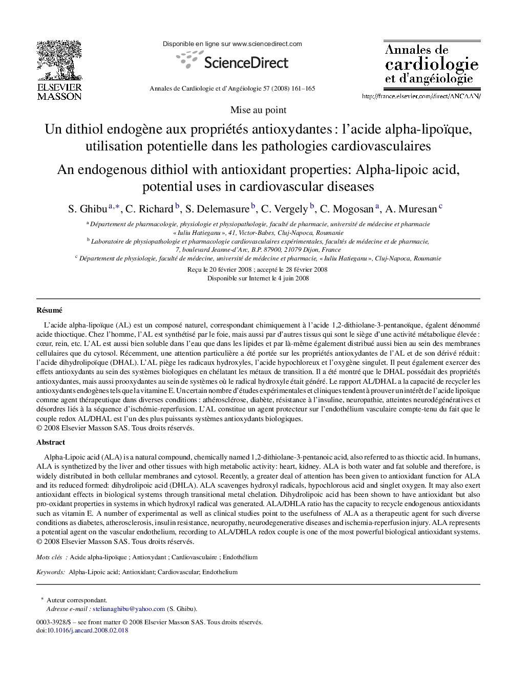 Un dithiol endogène aux propriétés antioxydantes : l’acide alpha-lipoïque, utilisation potentielle dans les pathologies cardiovasculaires