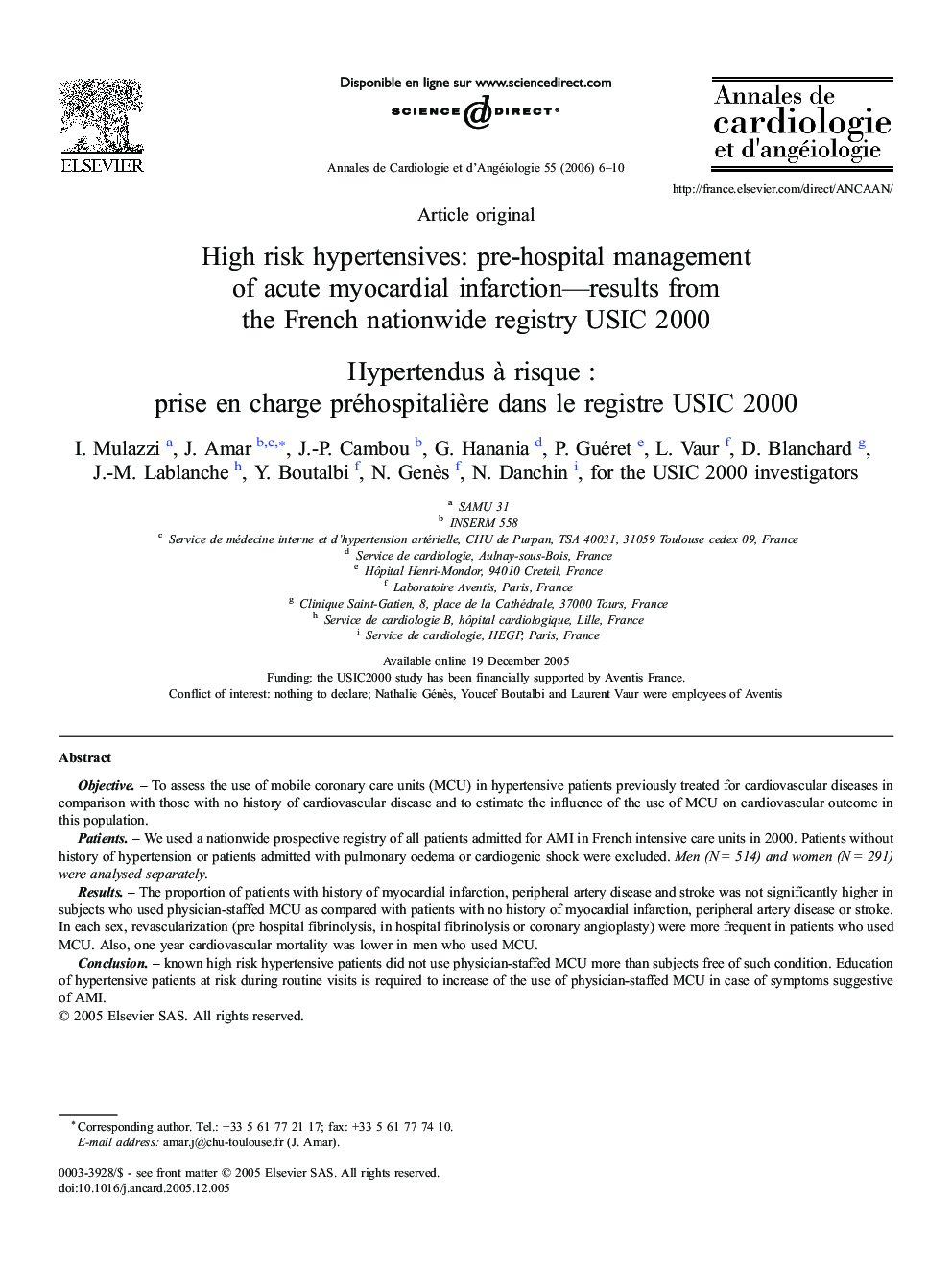 High risk hypertensives: pre-hospital management of acute myocardial infarction—results from the French nationwide registry USIC 2000