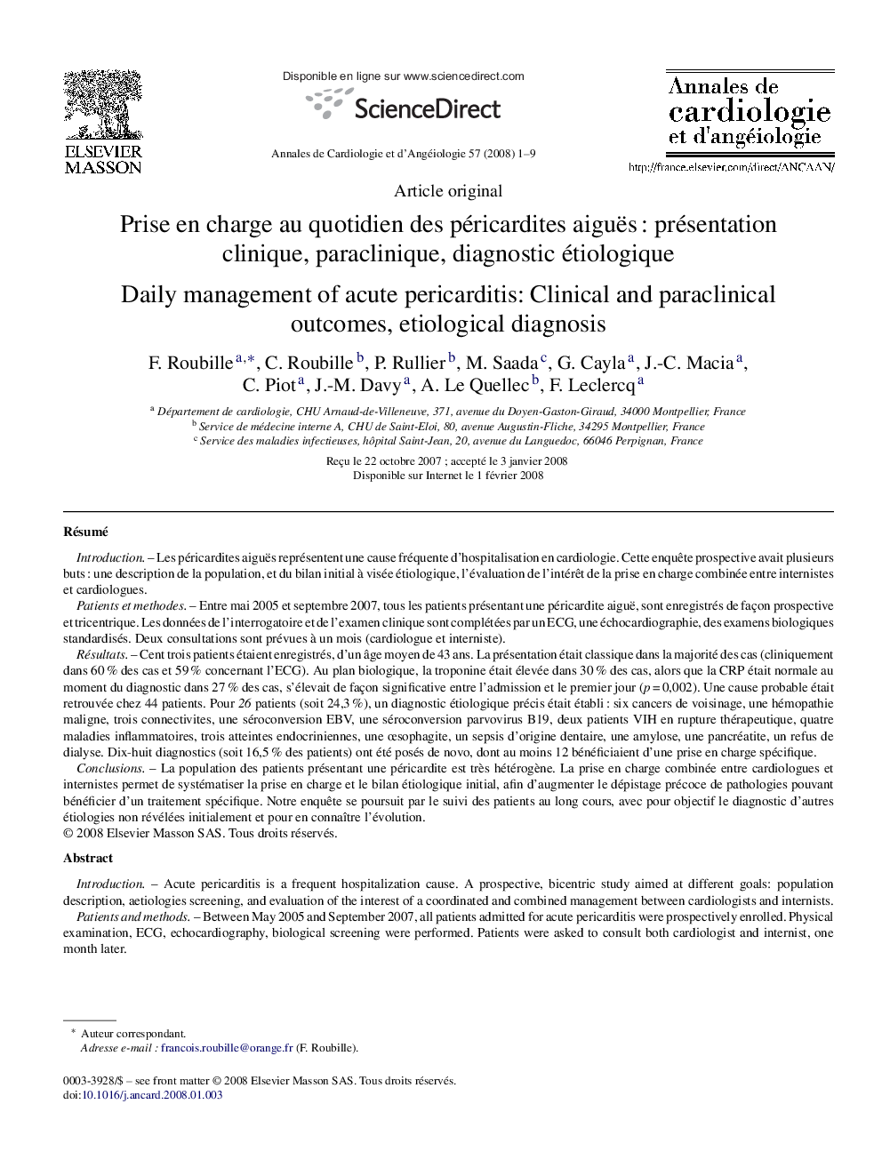 Prise en charge au quotidien des péricardites aiguës : présentation clinique, paraclinique, diagnostic étiologique