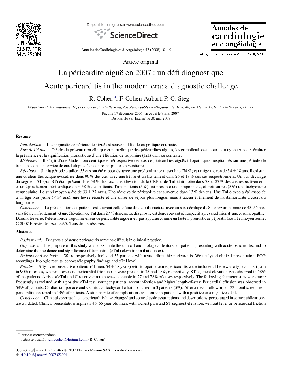 La péricardite aiguë en 2007 : un défi diagnostique