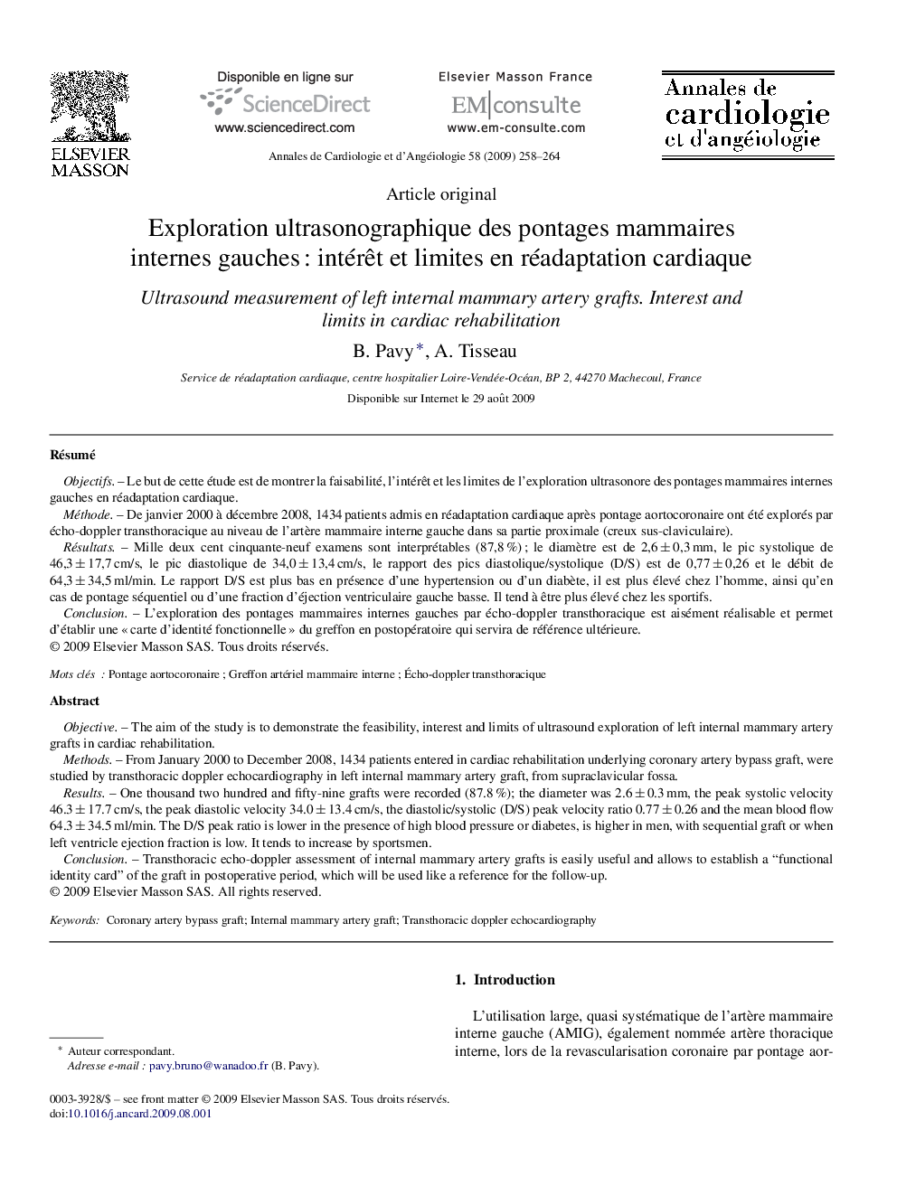 Exploration ultrasonographique des pontages mammaires internes gauches : intérêt et limites en réadaptation cardiaque