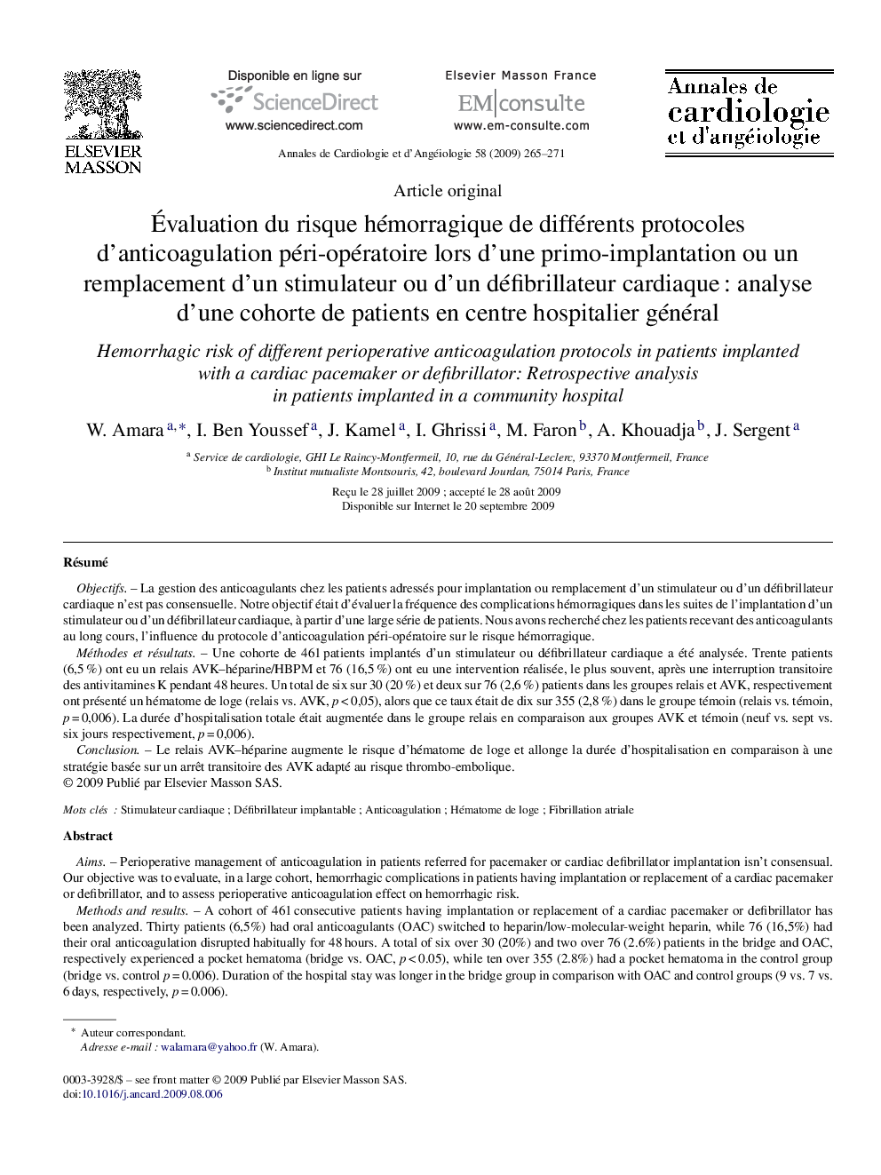 Évaluation du risque hémorragique de différents protocoles d’anticoagulation péri-opératoire lors d’une primo-implantation ou un remplacement d’un stimulateur ou d’un défibrillateur cardiaque : analyse d’une cohorte de patients en centre hospitalier génér