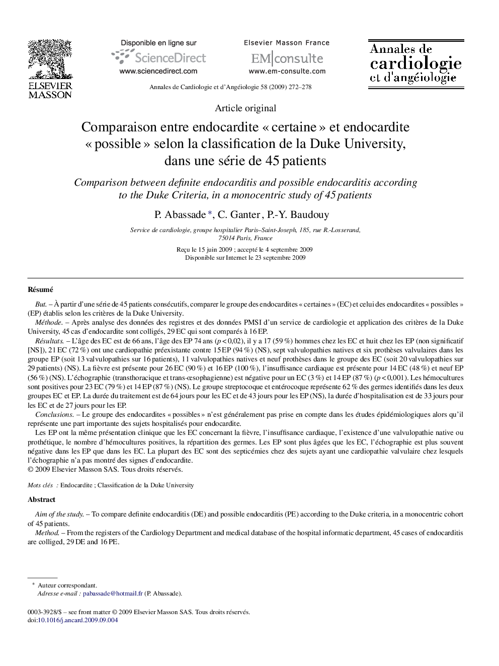 Comparaison entre endocardite « certaine » et endocardite « possible » selon la classification de la Duke University, dans une série de 45 patients