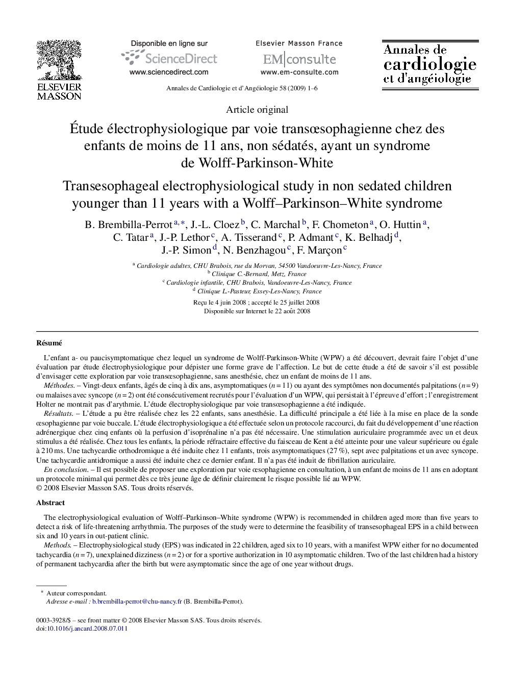 Étude électrophysiologique par voie transœsophagienne chez des enfants de moins de 11 ans, non sédatés, ayant un syndrome de Wolff-Parkinson-White