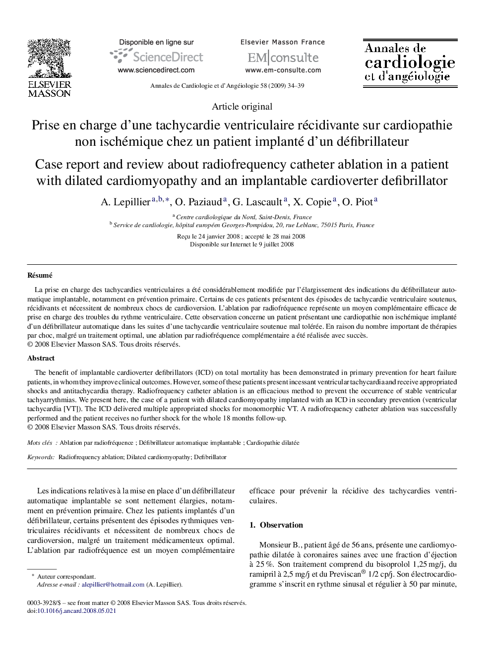 Prise en charge d’une tachycardie ventriculaire récidivante sur cardiopathie non ischémique chez un patient implanté d’un défibrillateur