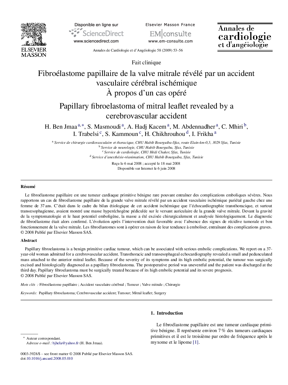 Fibroélastome papillaire de la valve mitrale révélé par un accident vasculaire cérébral ischémique: À propos d’un cas opéré