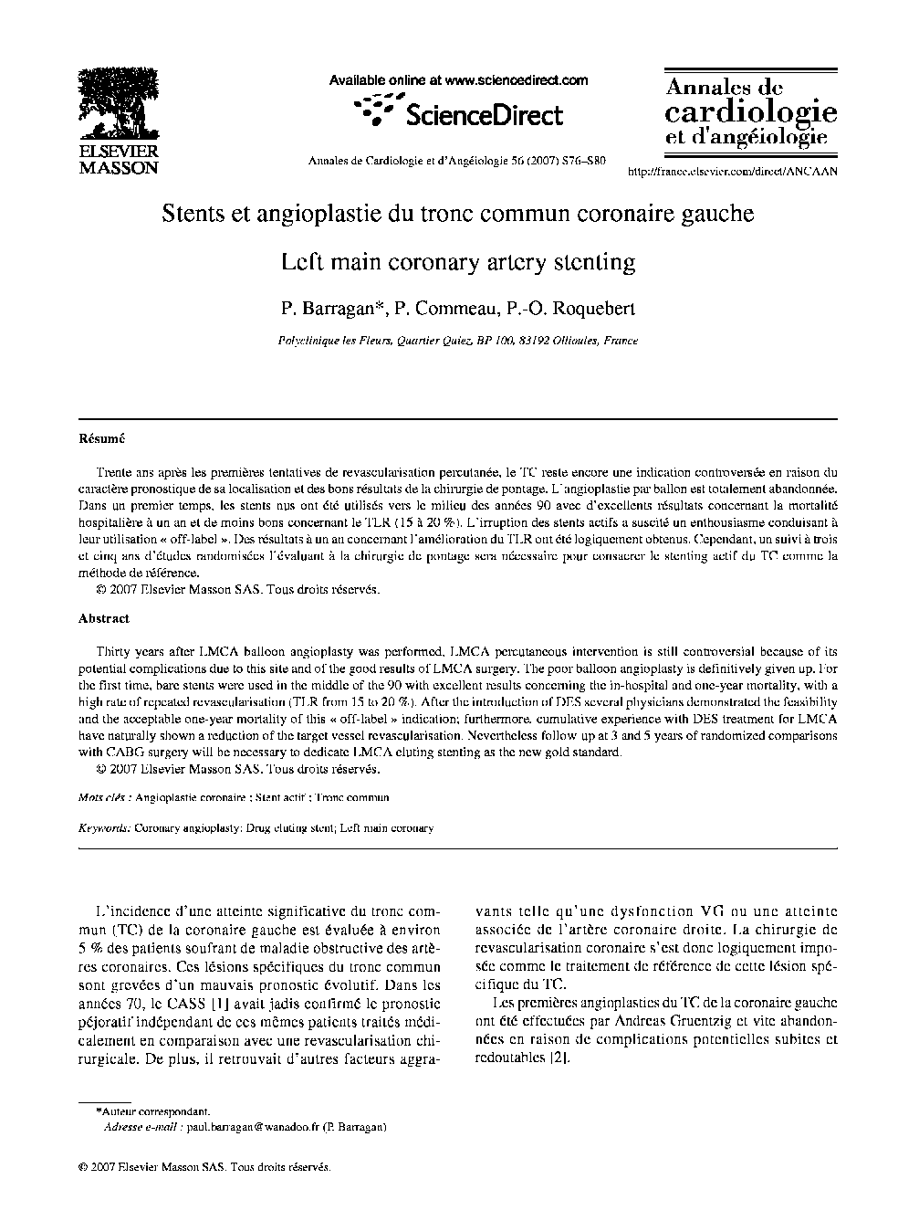 Stents et angioplastie du tronc commun coronaire gauche