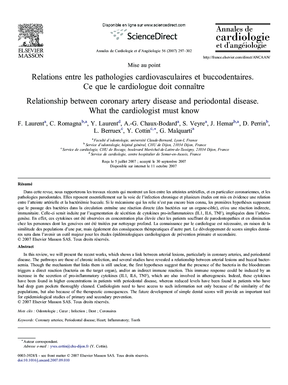 Relations entre les pathologies cardiovasculaires et buccodentaires. Ce que le cardiologue doit connaître