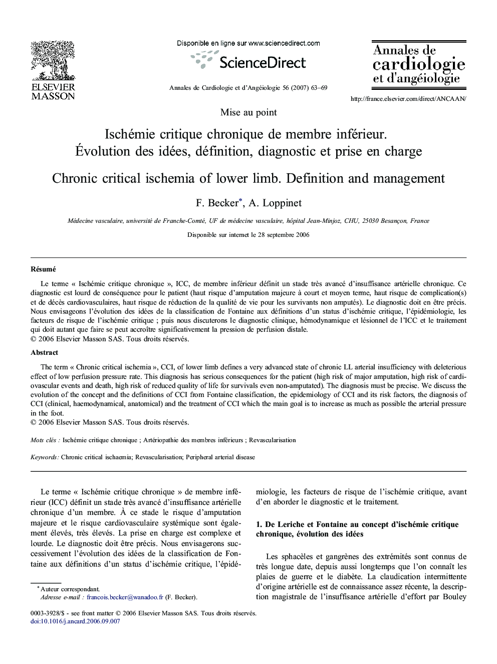 Ischémie critique chronique de membre inférieur. Évolution des idées, définition, diagnostic et prise en charge