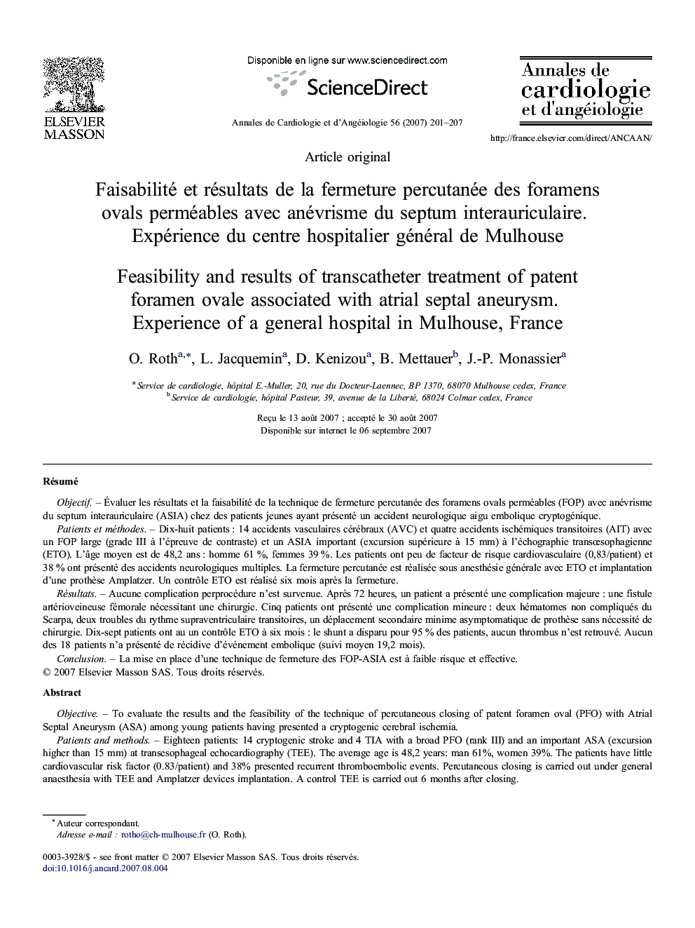 Faisabilité et résultats de la fermeture percutanée des foramens ovals perméables avec anévrisme du septum interauriculaire. Expérience du centre hospitalier général de Mulhouse