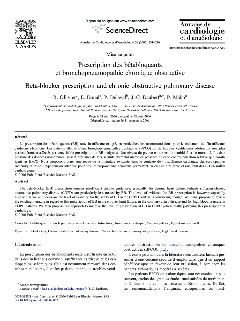 Prescription desÂ bÃªtabloquants etÂ bronchopneumopathie chronique obstructive