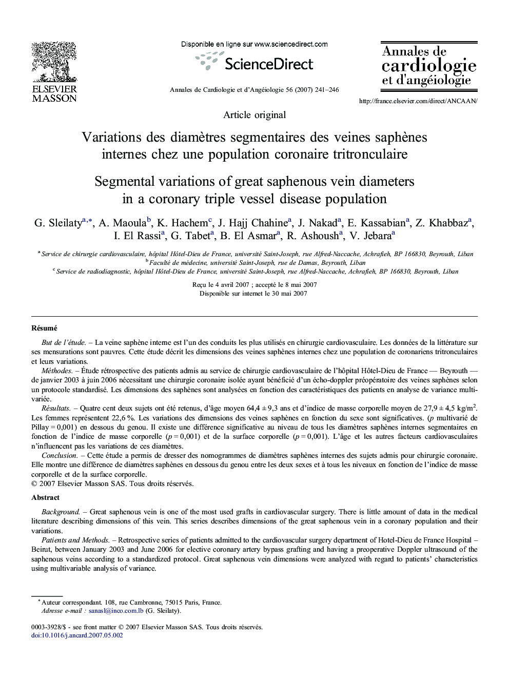 Variations desÂ diamÃ¨tres segmentaires desÂ veines saphÃ¨nes internes chezÂ uneÂ population coronaire tritronculaire