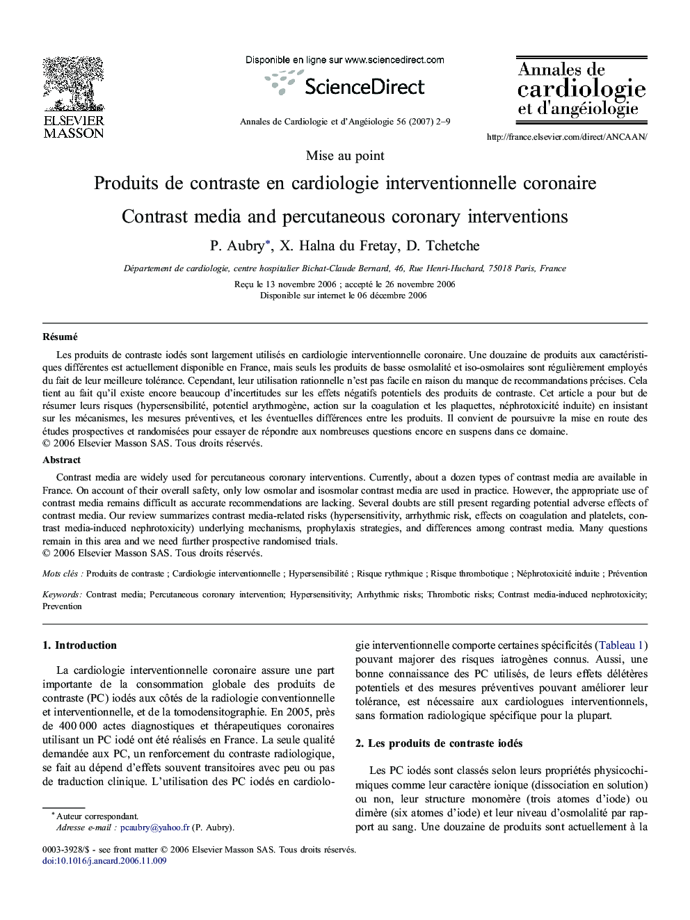 Produits deÂ contraste enÂ cardiologie interventionnelle coronaire