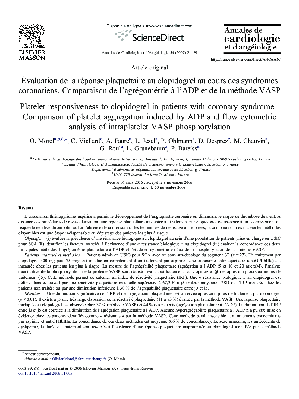 Évaluation de la réponse plaquettaire au clopidogrel au cours des syndromes coronariens. Comparaison de l'agrégométrie à l'ADP et de la méthode VASP