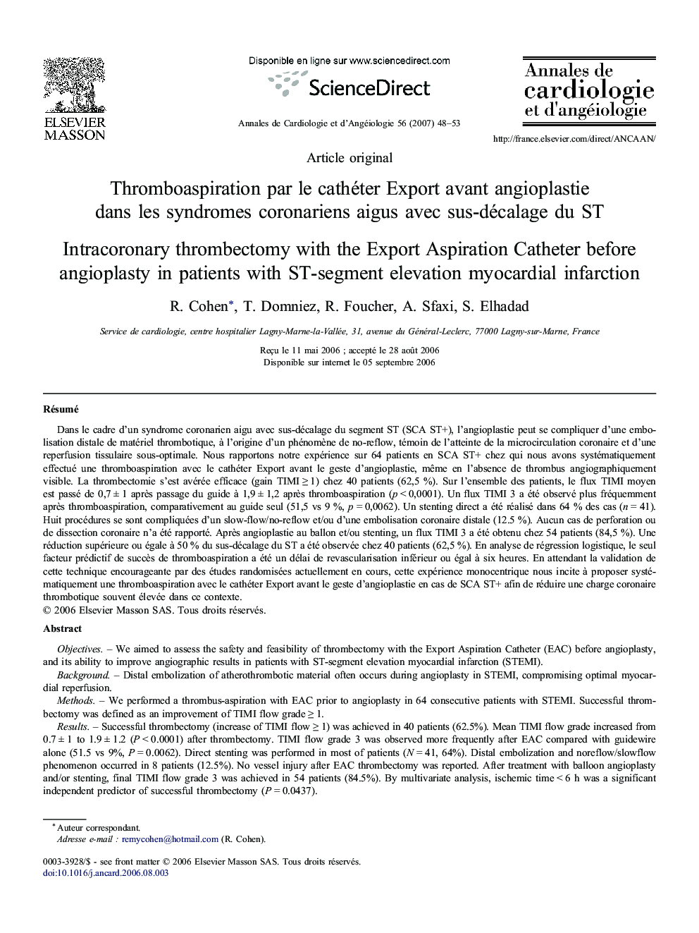 Thromboaspiration par le cathéter Export avant angioplastie dans les syndromes coronariens aigus avec sus-décalage du ST