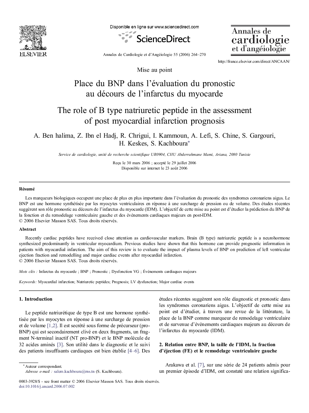 Place du BNP dans l'évaluation du pronostic au décours de l'infarctus du myocarde