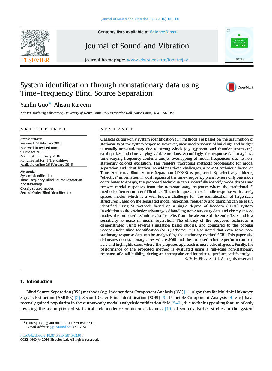عکس صفحه اول مقاله: System identification through nonstationary data using Time–Frequency Blind Source Separation System identification through nonstationary data using Time–Frequency Blind Source Separation