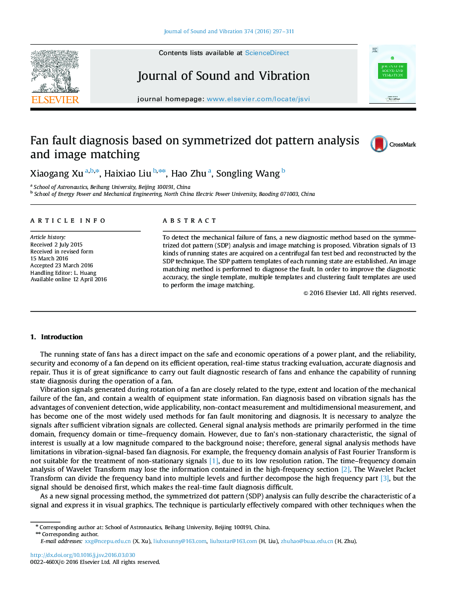 Fan fault diagnosis based on symmetrized dot pattern analysis and image matching