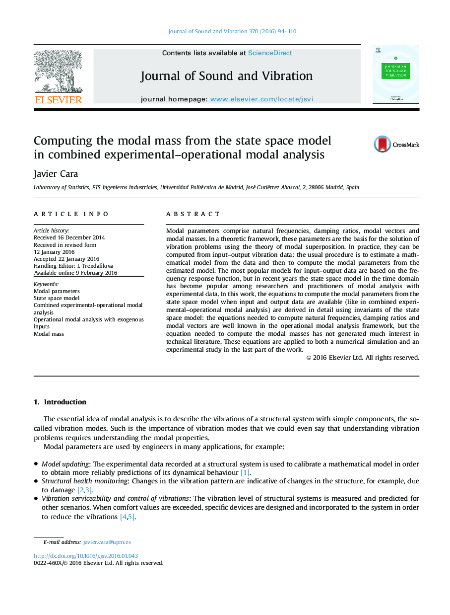 Computing the modal mass from the state space model in combined experimental–operational modal analysis