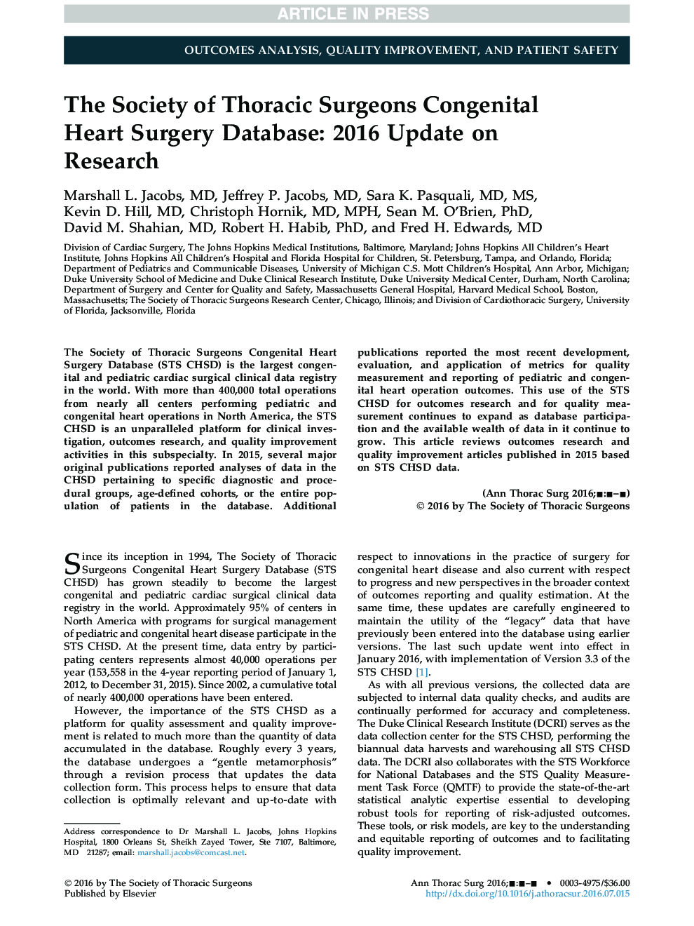 The Society of Thoracic Surgeons Congenital Heart Surgery Database: 2016 Update on Research