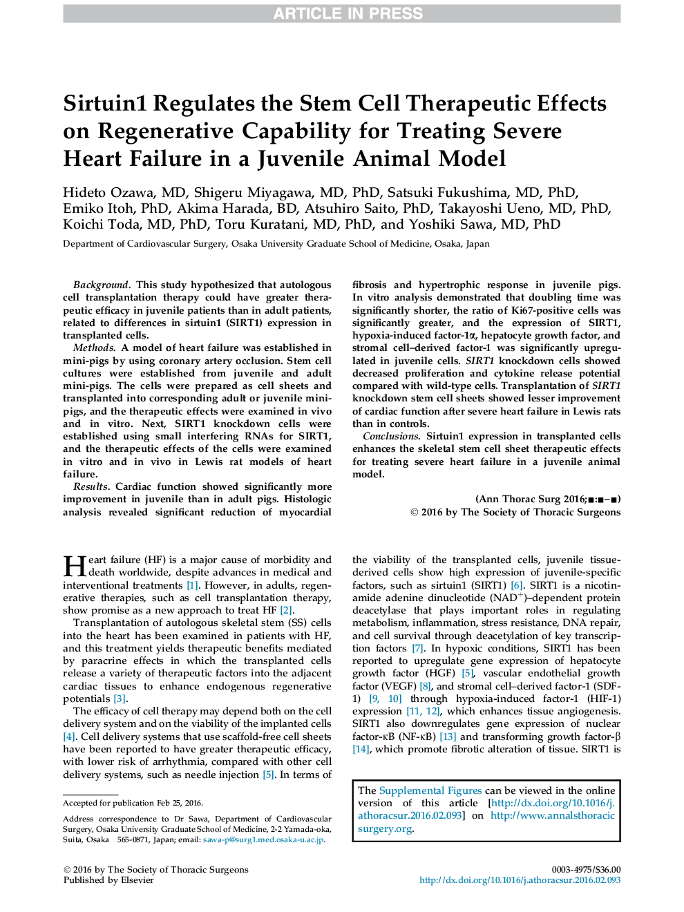 Sirtuin1 Regulates the Stem Cell Therapeutic Effects on Regenerative Capability for Treating Severe Heart Failure in a Juvenile Animal Model