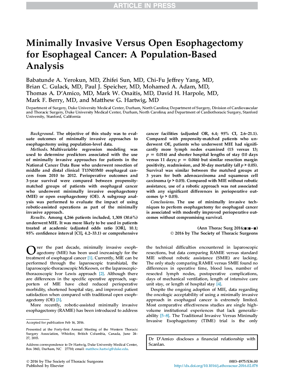 Minimally Invasive Versus Open Esophagectomy for Esophageal Cancer: A Population-Based Analysis