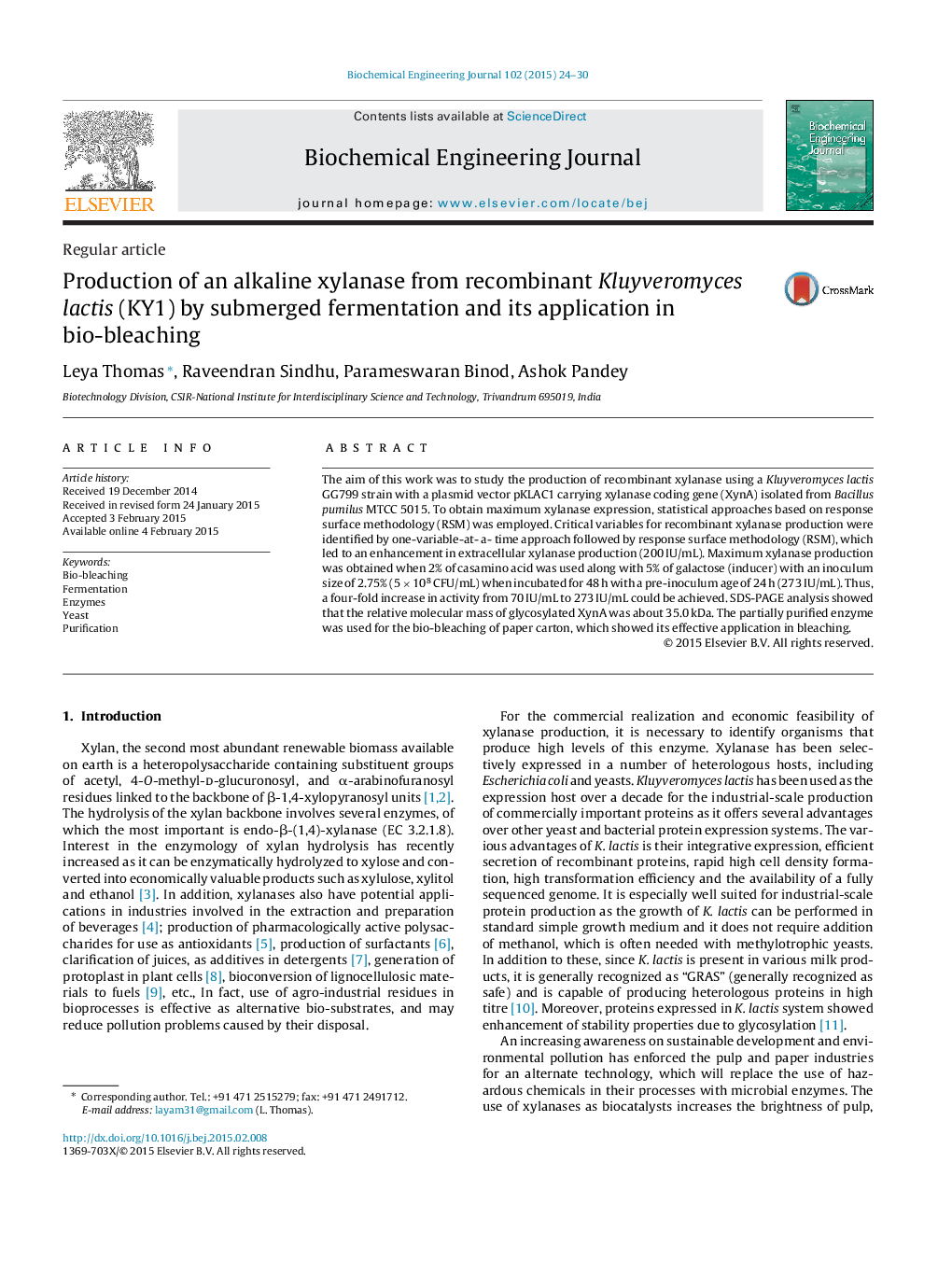 Production of an alkaline xylanase from recombinant Kluyveromyces lactis (KY1) by submerged fermentation and its application in bio-bleaching