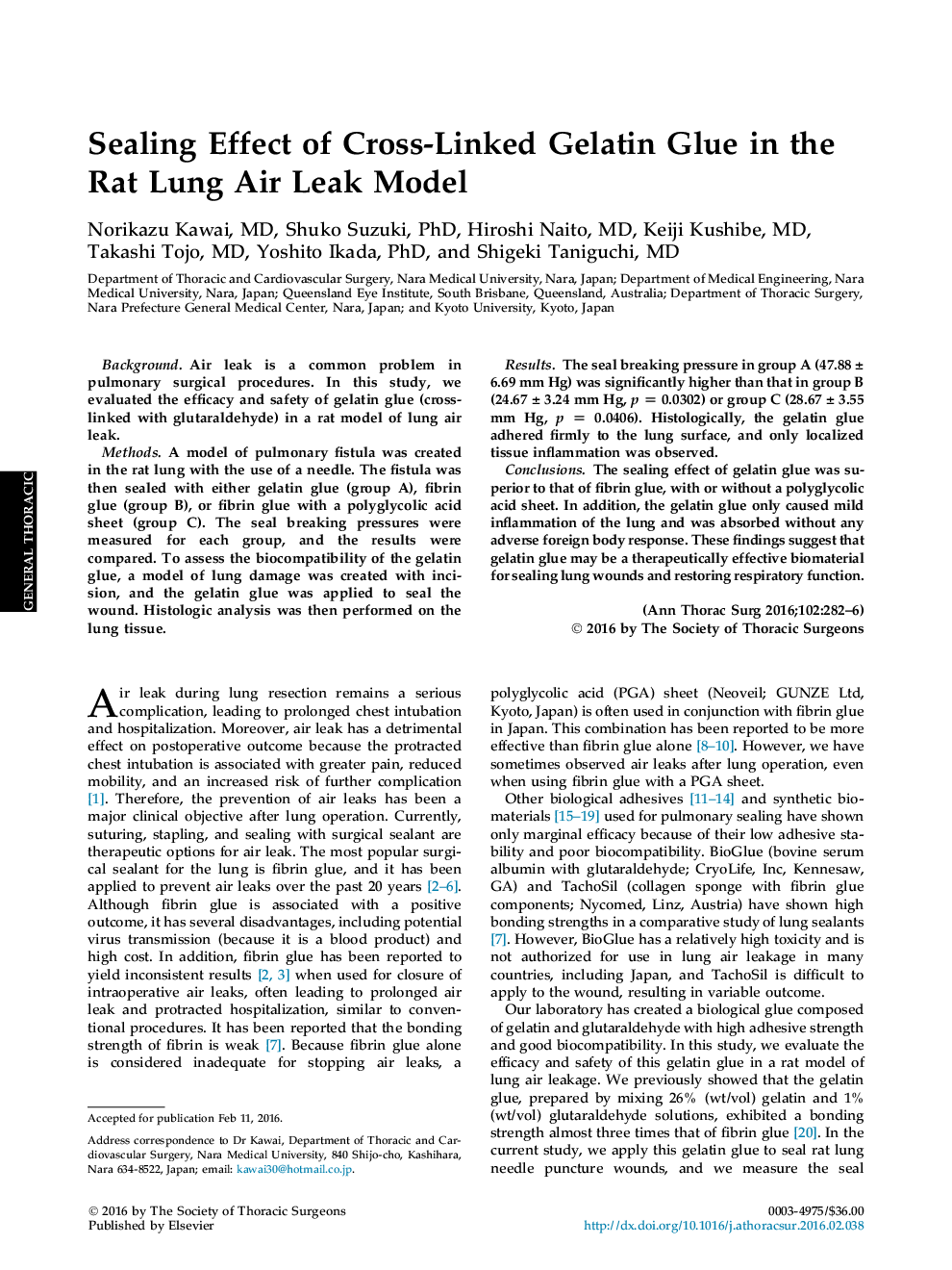 Sealing Effect of Cross-Linked Gelatin Glue in the Rat Lung Air Leak Model