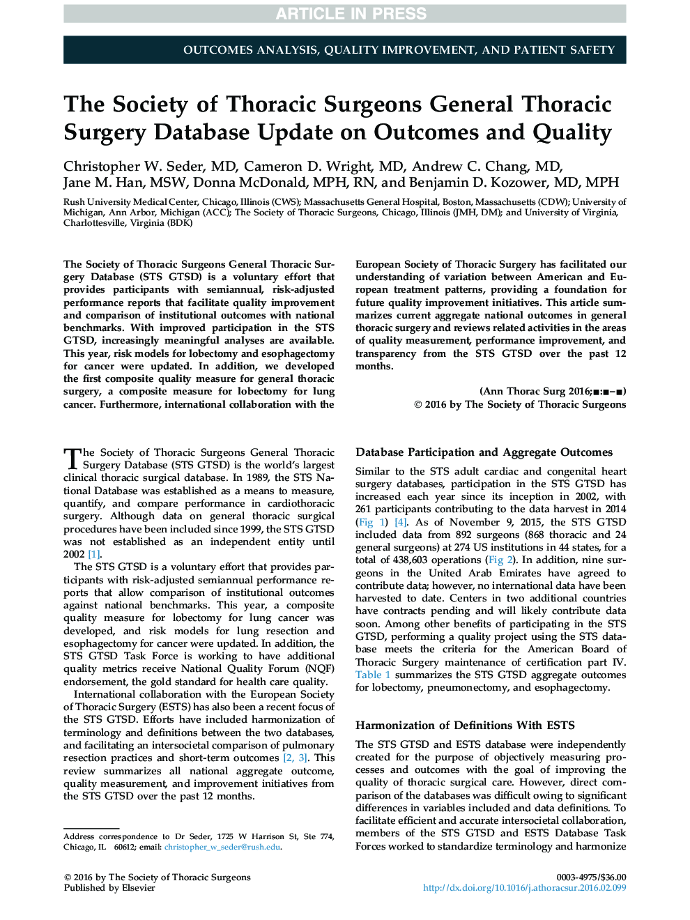 The Society of Thoracic Surgeons General Thoracic Surgery Database Update on Outcomes and Quality