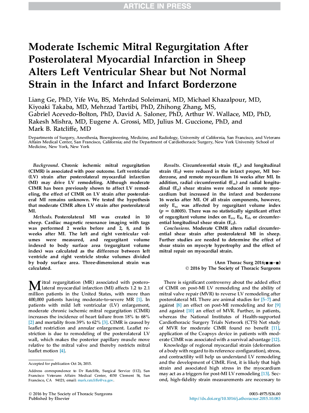 Moderate Ischemic Mitral Regurgitation After Posterolateral Myocardial Infarction in Sheep Alters Left Ventricular Shear but Not Normal Strain in the Infarct and Infarct Borderzone