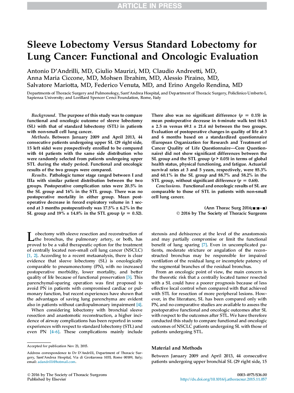 Sleeve Lobectomy Versus Standard Lobectomy for Lung Cancer: Functional and Oncologic Evaluation